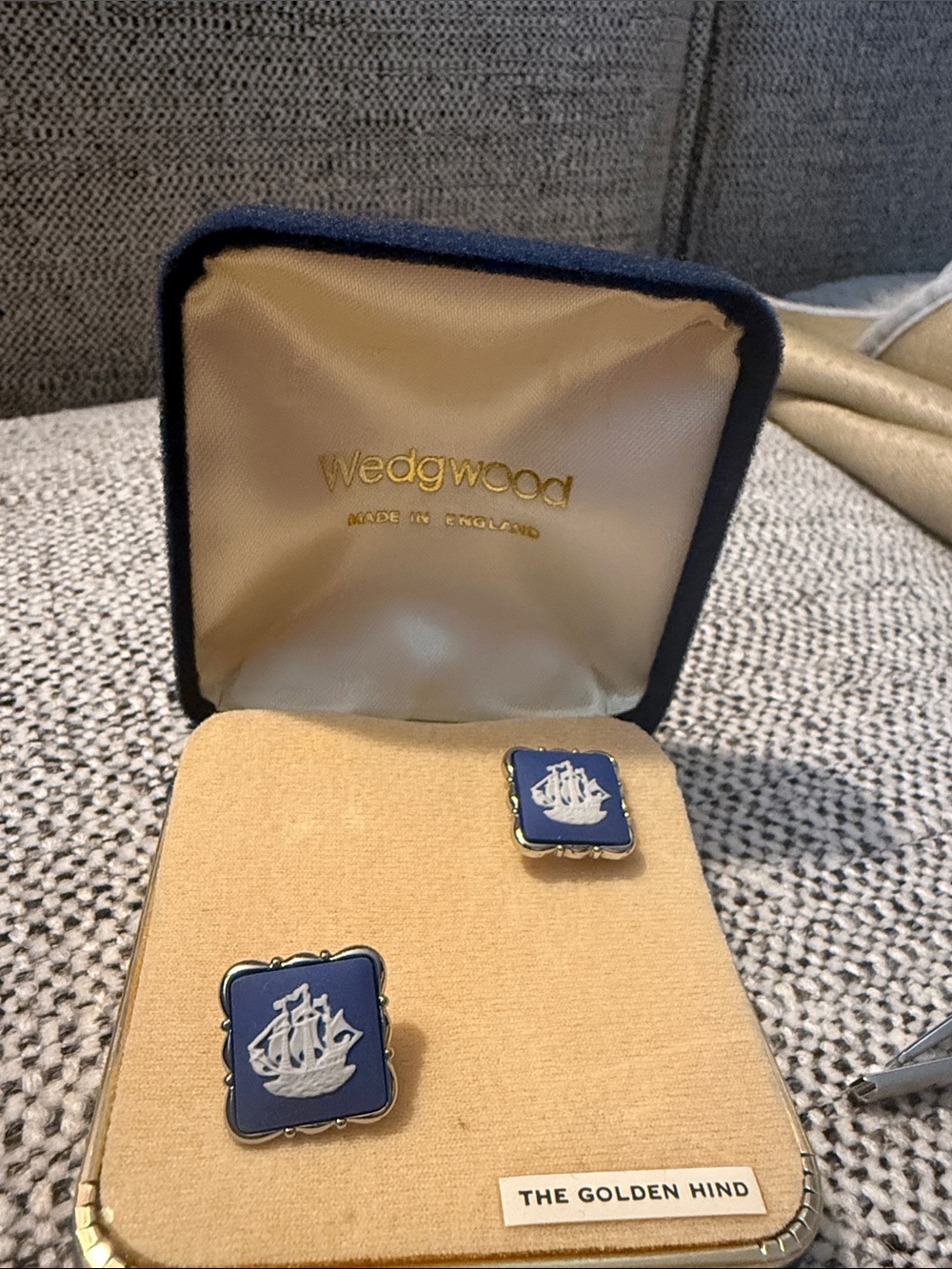 Vintage Wedgwood Blue and White Ship Cufflinks with Gold Tone Trim